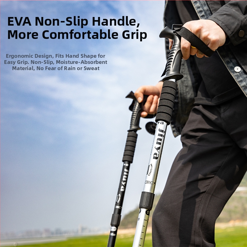 Unisex aliuminio lydinio teleskopinės žygio lazdos su išoriniu užraktu, 400 g, volframo plieno galvutė, tiesi rankena