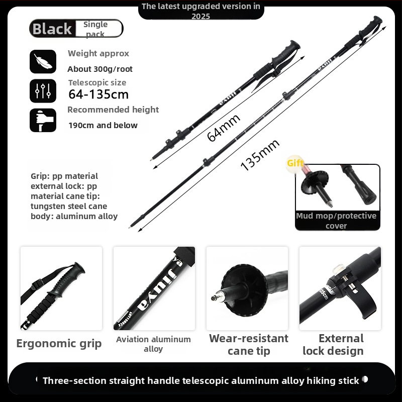 Unisex aliuminio lydinio teleskopinės žygio lazdos su išoriniu užraktu, 400 g, volframo plieno galvutė, tiesi rankena