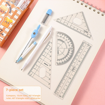 7 dalių piešimo komplektas su skriestuvu ir liniuotė studentams (Prekės ženklas: Wooden grid, Be elektros, Be IP leidimo, Asmeninė dovana)