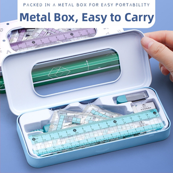 Daudzfunkcionāls lineālu komplekts ar zīmēšanas cirkuli un trijstūra lineālu – plastmasas, modelis MS-179F, tīrā masa 140