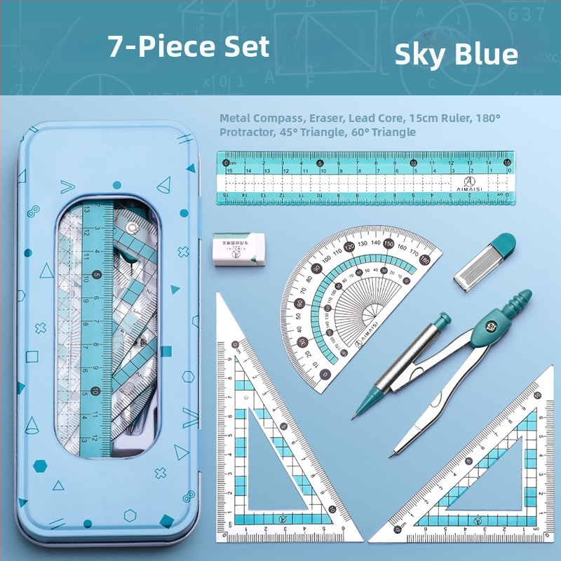 Daudzfunkcionāls lineālu komplekts ar zīmēšanas cirkuli un trijstūra lineālu – plastmasas, modelis MS-179F, tīrā masa 140
