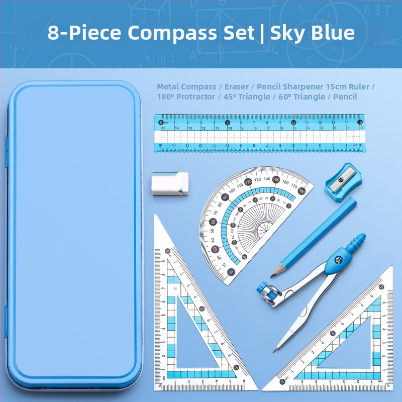 Daudzfunkcionāls lineālu komplekts ar zīmēšanas cirkuli un trijstūra lineālu – plastmasas, modelis MS-179F, tīrā masa 140