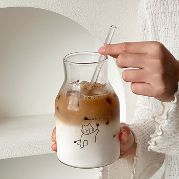 Стъклена чаша от боросиликатно стъкло, стил карикатура, със сламка, цилиндрична, термоустойчива