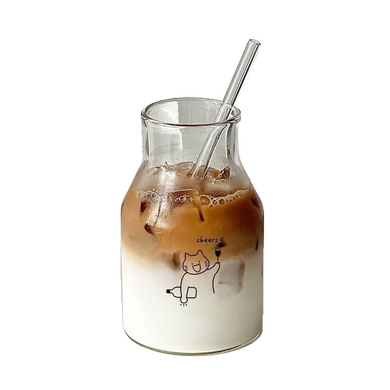 Стъклена чаша от боросиликатно стъкло, стил карикатура, със сламка, цилиндрична, термоустойчива