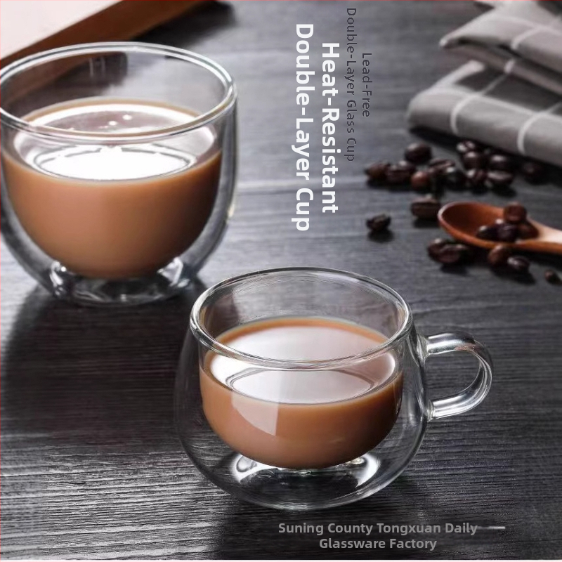 Kavos puodelis su dviejų sluoksnių borosilikatinio stiklo, su rankena, šiuolaikiško minimalistinio stiliaus, tinkamas kavinei