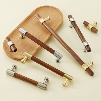 Дръжка за шкаф от твърдо дърво черен орех с ядро от цинкова сплав, електроплакиране; за врати на шкафове, гардероби, чекмеджета, обувни шкафове и винни шкафове; единична дупка, скрит монтаж, барообразен дизайн