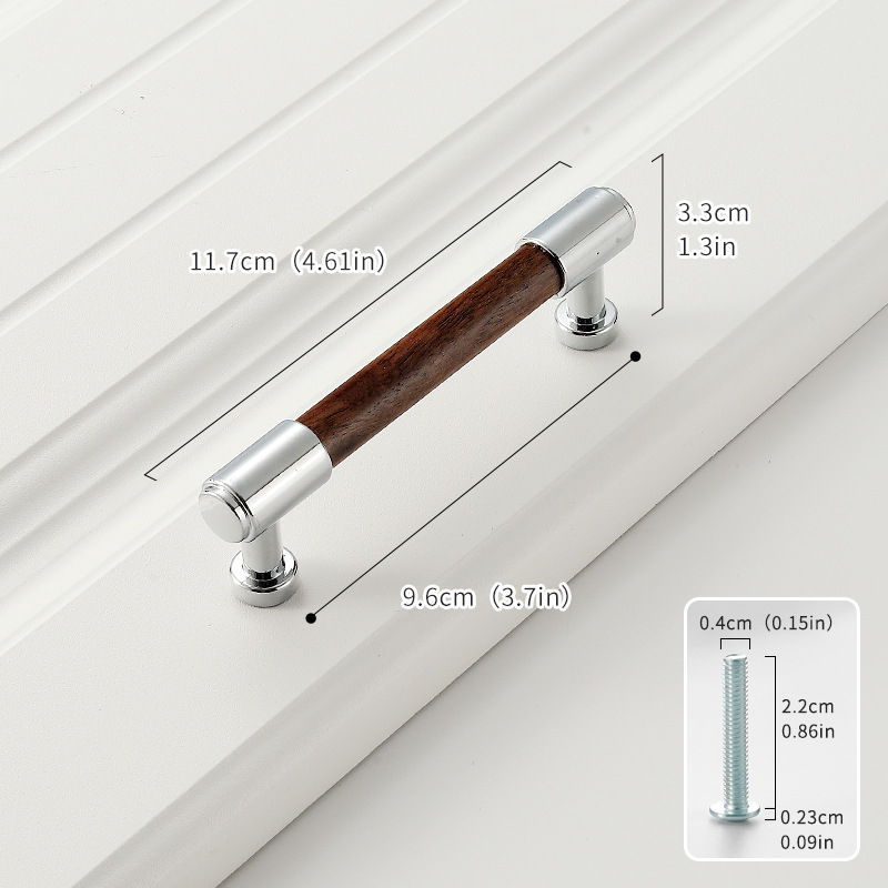 Дръжка за шкаф от твърдо дърво черен орех с ядро от цинкова сплав, електроплакиране; за врати на шкафове, гардероби, чекмеджета, обувни шкафове и винни шкафове; единична дупка, скрит монтаж, барообразен дизайн