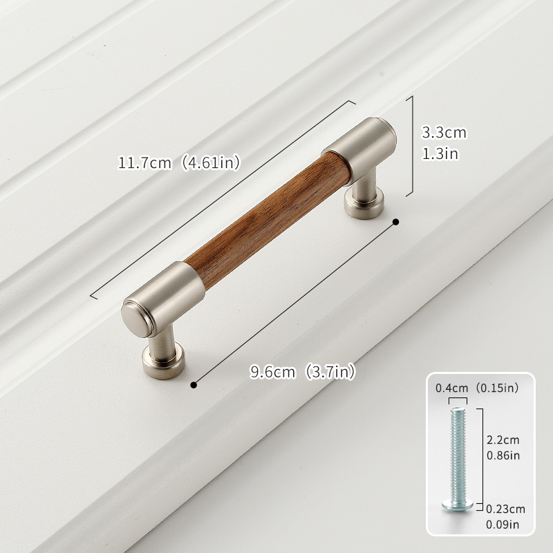 Дръжка за шкаф от твърдо дърво черен орех с ядро от цинкова сплав, електроплакиране; за врати на шкафове, гардероби, чекмеджета, обувни шкафове и винни шкафове; единична дупка, скрит монтаж, барообразен дизайн