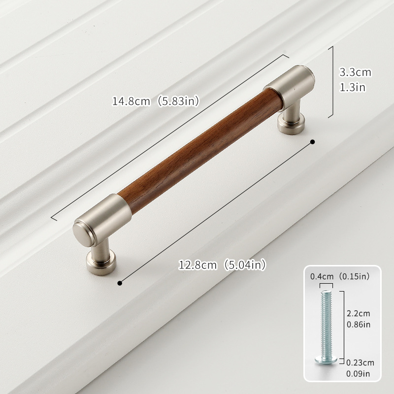 Дръжка за шкаф от твърдо дърво черен орех с ядро от цинкова сплав, електроплакиране; за врати на шкафове, гардероби, чекмеджета, обувни шкафове и винни шкафове; единична дупка, скрит монтаж, барообразен дизайн