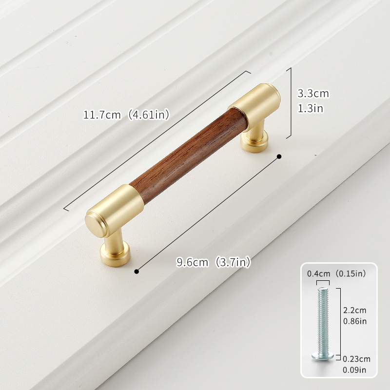 Дръжка за шкаф от твърдо дърво черен орех с ядро от цинкова сплав, електроплакиране; за врати на шкафове, гардероби, чекмеджета, обувни шкафове и винни шкафове; единична дупка, скрит монтаж, барообразен дизайн