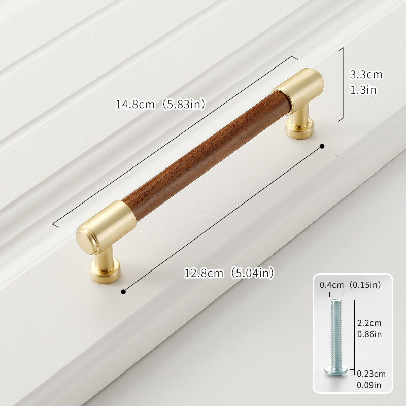 Дръжка за шкаф от твърдо дърво черен орех с ядро от цинкова сплав, електроплакиране; за врати на шкафове, гардероби, чекмеджета, обувни шкафове и винни шкафове; единична дупка, скрит монтаж, барообразен дизайн