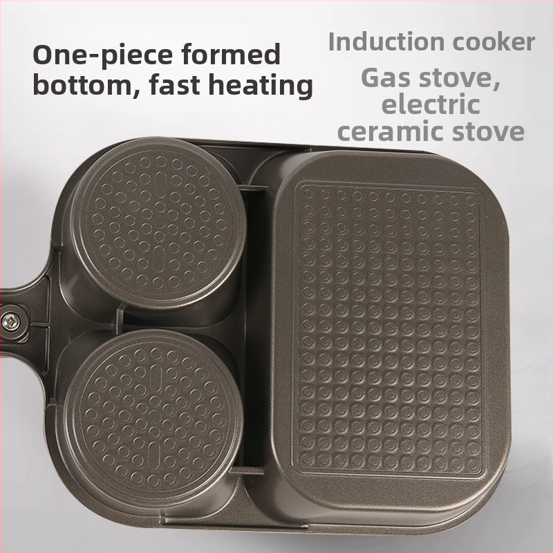 Trys viename pusryčių keptuvė — aliuminis, nelipni danga, daugiasluoksnis dugnas, skirta omletėms, kiaušiniams ir kepsniams, suderinama su visomis viryklėmis