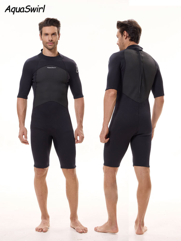 Vyrų neopreno plaukimo kostiumas su trumpomis rankovėmis – greitai džiūsta, AquaSwirl – tinkamas nardymui ir snorkeliavimui