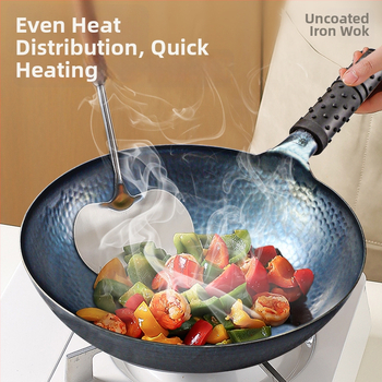 Ketaus wok su dvigubu dugnu, be dangos, stiklinis dangtelis, universalus dujų ir indukcinių viryklių