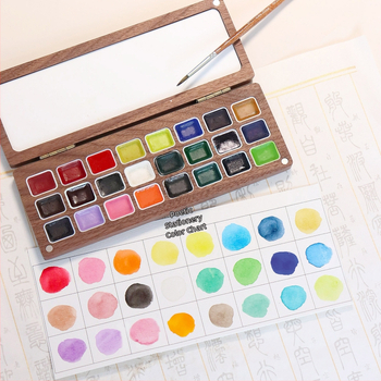 Perleťová pevná akvarelová farba v orechovej krabičke, ručne vyrobená, 24 trubičiek po 1 ml