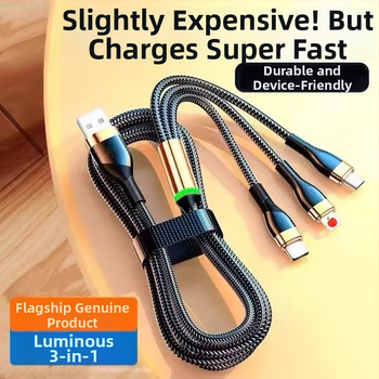 3-in-1 duomenų kabelis su 66W greitu įkrovimu ir LED indikatoriumi Apple, Huawei ir Xiaomi (automobiliui) – Lightning, Micro USB, Type-C, pintas kabelis