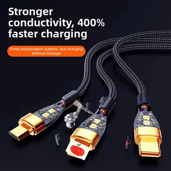 3-in-1 duomenų kabelis su 66W greitu įkrovimu ir LED indikatoriumi Apple, Huawei ir Xiaomi (automobiliui) – Lightning, Micro USB, Type-C, pintas kabelis