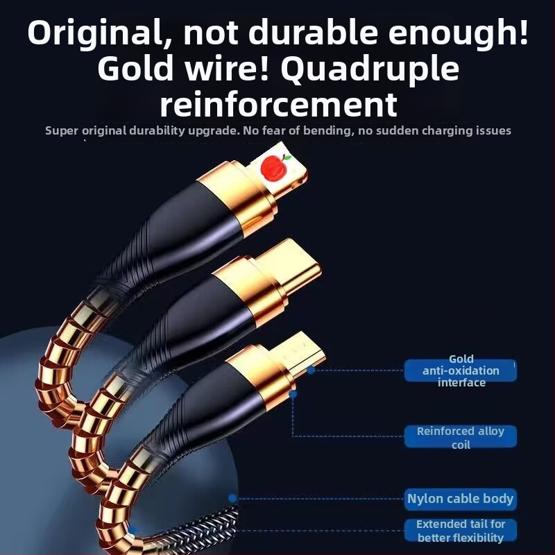 3 v 1 dátový kábel s 66W rýchlym nabíjaním a LED indikátorom pre Apple, Huawei a Xiaomi (na auto) – Lightning, Micro USB, Type-C, pletený kábel