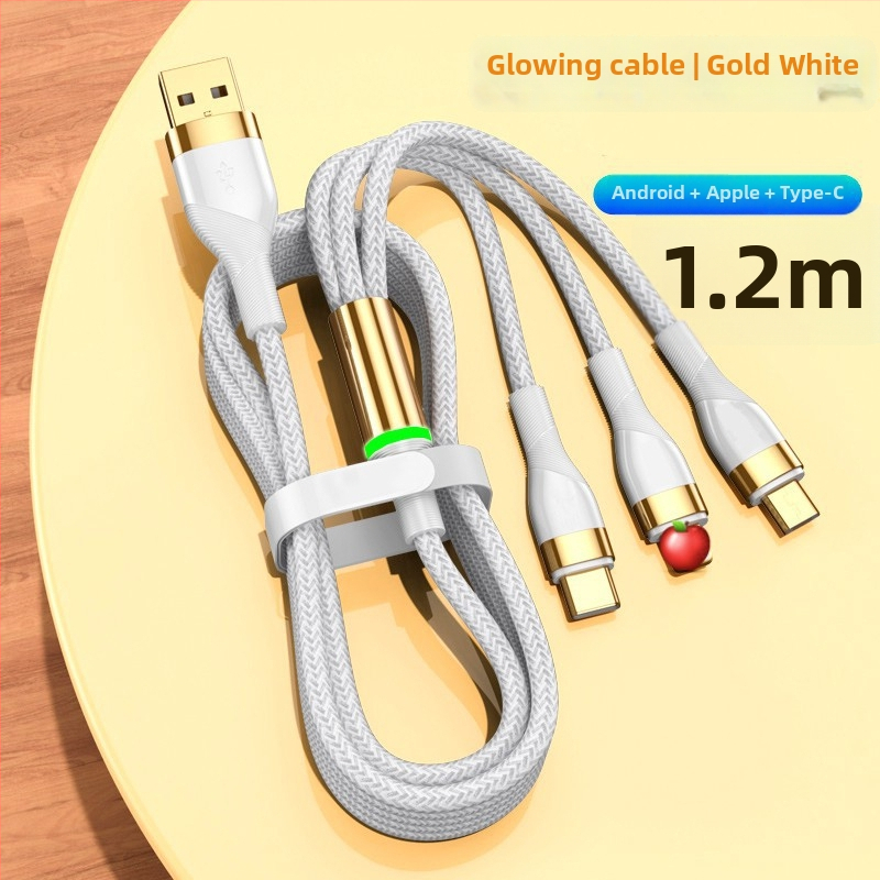 3-in-1 duomenų kabelis su 66W greitu įkrovimu ir LED indikatoriumi Apple, Huawei ir Xiaomi (automobiliui) – Lightning, Micro USB, Type-C, pintas kabelis