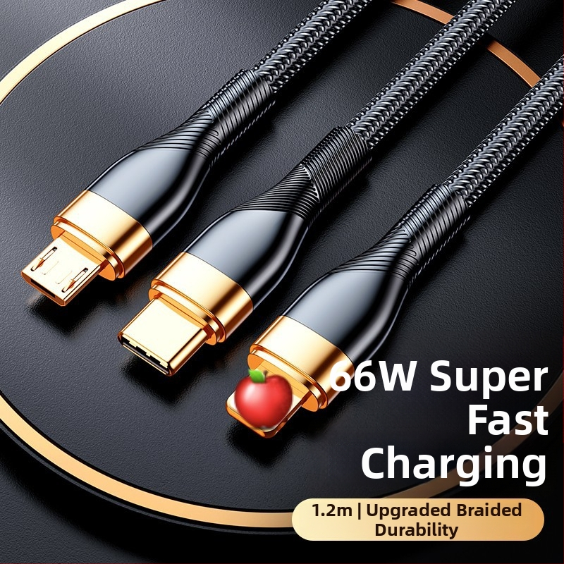 3-in-1 duomenų kabelis su 66W greitu įkrovimu ir LED indikatoriumi Apple, Huawei ir Xiaomi (automobiliui) – Lightning, Micro USB, Type-C, pintas kabelis