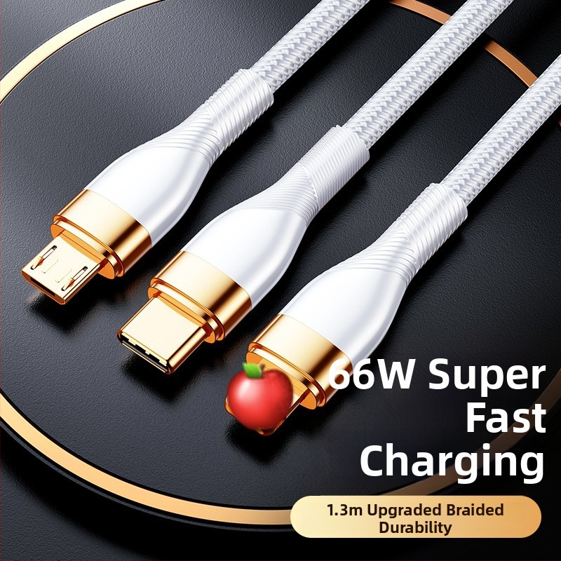 3-in-1 duomenų kabelis su 66W greitu įkrovimu ir LED indikatoriumi Apple, Huawei ir Xiaomi (automobiliui) – Lightning, Micro USB, Type-C, pintas kabelis