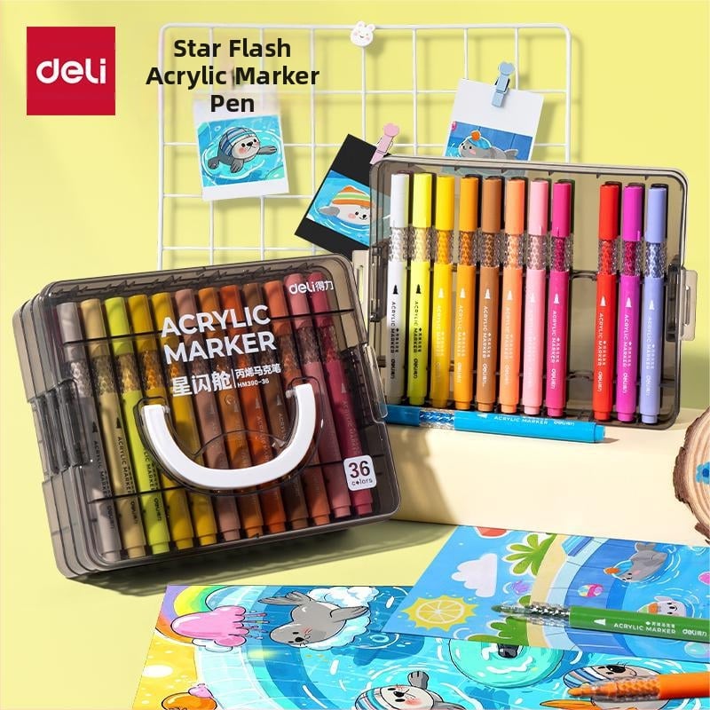 Deli HM390 apvalios formos akriliniai markeriai, bazinis įpakavimas, sulankstoma dėžutė