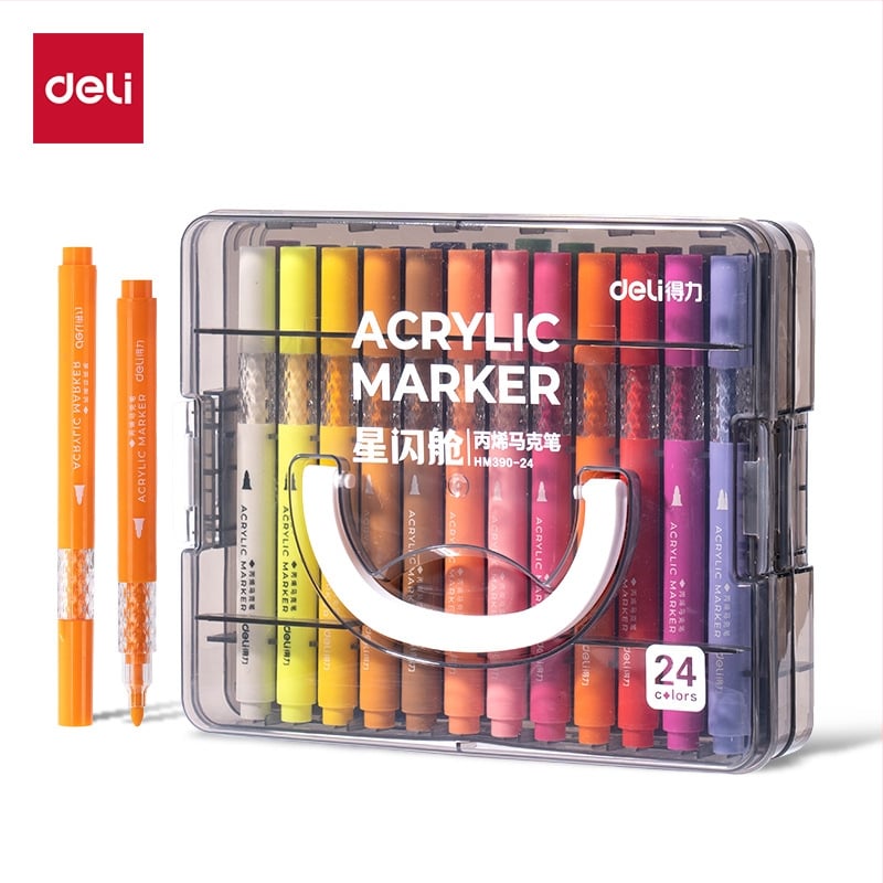 Deli HM390 apvalios formos akriliniai markeriai, bazinis įpakavimas, sulankstoma dėžutė
