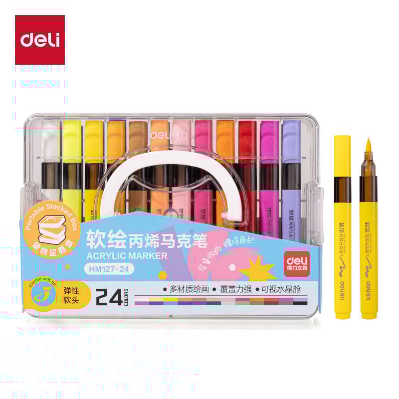 Deli HM390 apvalios formos akriliniai markeriai, bazinis įpakavimas, sulankstoma dėžutė
