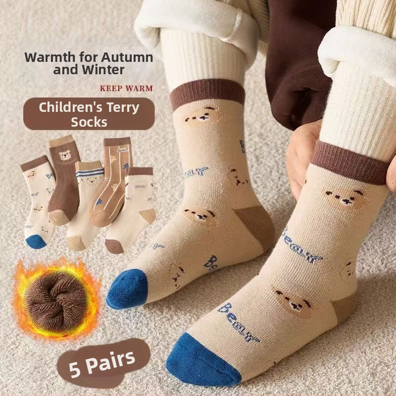 Laste paksud terry sokid polüesterist, keskmise pikkusega, karikatüübiga, talveks