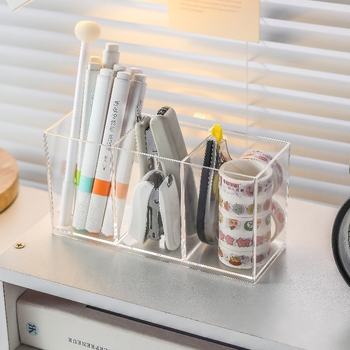 Rašiklio laikiklis iš skaidraus PS plastiko, kvadratinis biuro organizatorius, daugiafunkcinė saugojimo dėžė