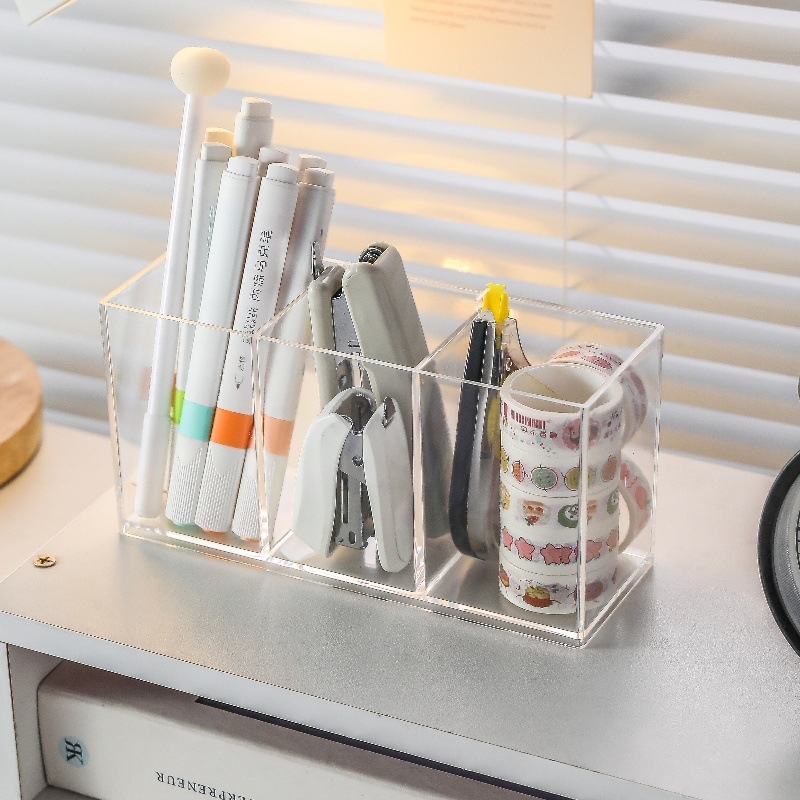 Rašiklio laikiklis iš skaidraus PS plastiko, kvadratinis biuro organizatorius, daugiafunkcinė saugojimo dėžė