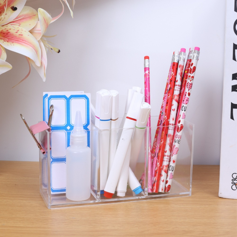 Rašiklio laikiklis iš skaidraus PS plastiko, kvadratinis biuro organizatorius, daugiafunkcinė saugojimo dėžė