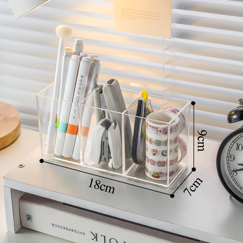Rašiklio laikiklis iš skaidraus PS plastiko, kvadratinis biuro organizatorius, daugiafunkcinė saugojimo dėžė