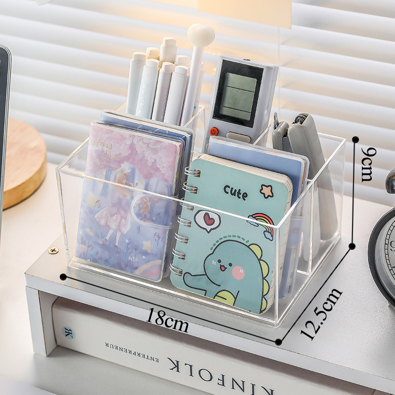 Rašiklio laikiklis iš skaidraus PS plastiko, kvadratinis biuro organizatorius, daugiafunkcinė saugojimo dėžė