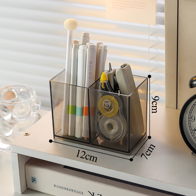 Rašiklio laikiklis iš skaidraus PS plastiko, kvadratinis biuro organizatorius, daugiafunkcinė saugojimo dėžė
