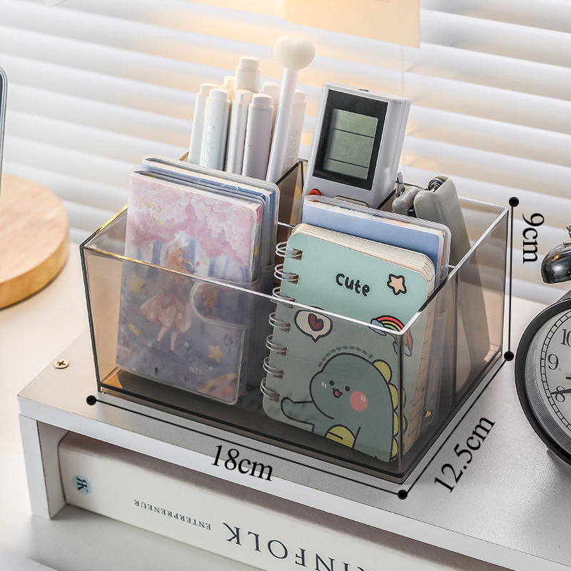 Rašiklio laikiklis iš skaidraus PS plastiko, kvadratinis biuro organizatorius, daugiafunkcinė saugojimo dėžė