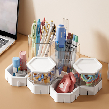 Cutie hexagonală de depozitare pentru birou – plastic PET+ABS, capacitate 1L, organizator pentru pixuri și cosmetice, potrivită pentru living, dormitor și birou