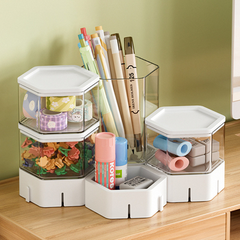 Cutie hexagonală de depozitare pentru birou – plastic PET+ABS, capacitate 1L, organizator pentru pixuri și cosmetice, potrivită pentru living, dormitor și birou