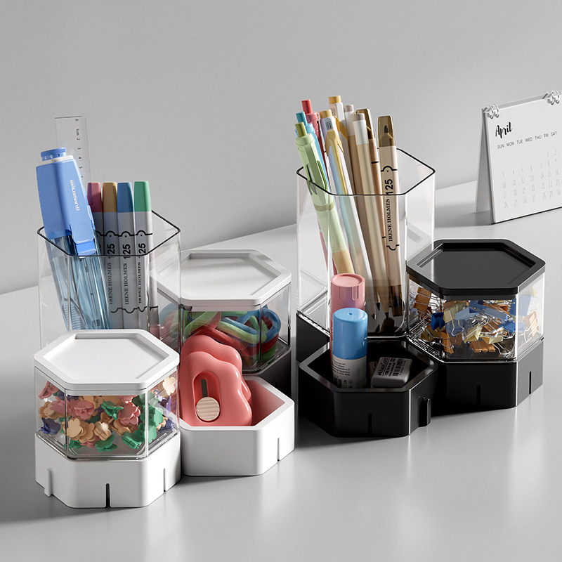 Cutie hexagonală de depozitare pentru birou – plastic PET+ABS, capacitate 1L, organizator pentru pixuri și cosmetice, potrivită pentru living, dormitor și birou