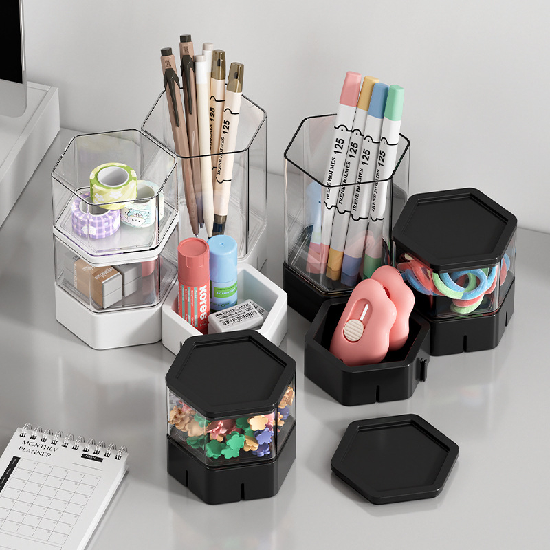 Cutie hexagonală de depozitare pentru birou – plastic PET+ABS, capacitate 1L, organizator pentru pixuri și cosmetice, potrivită pentru living, dormitor și birou