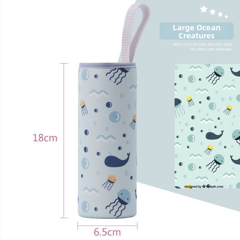 Termo puodelio uždangalas, animacinio stiliaus, iš audinio, su raišteliu