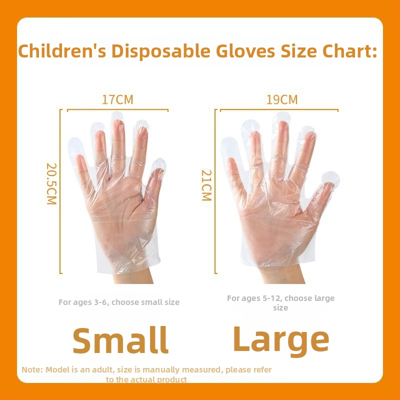 Bērnu vienreizējās PE cimdi, atsevišķi iepakoti, pārtikas kvalitātes, caurspīdīgi, 0,01 mm biezums, mājas lietošanai