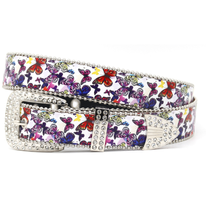 Pojas od PU kože s otiskom leptira, kopča od legure s pinom, širina 2-4 cm, ukrašena rhinestones, ručna izrada