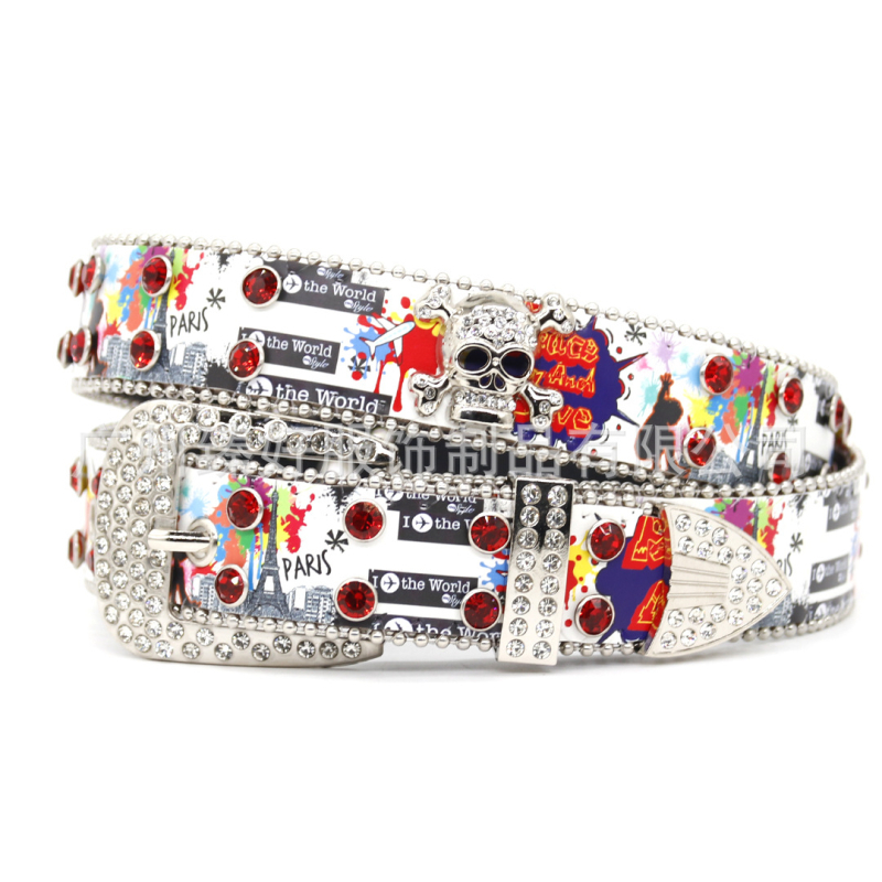 Pojas od PU kože s otiskom leptira, kopča od legure s pinom, širina 2-4 cm, ukrašena rhinestones, ručna izrada