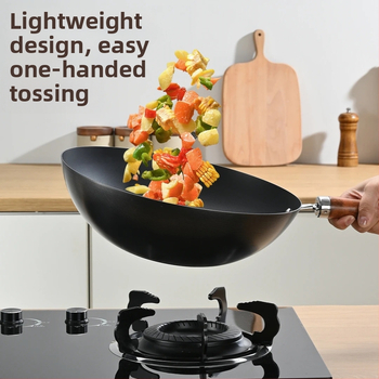 Wok iš aukštos kokybės geležies, vakarietiško stiliaus, be dengimo, su vienu dugnu, nerūdijančio plieno dangtelis