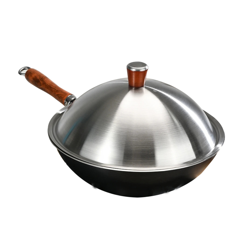 Wok iš aukštos kokybės geležies, vakarietiško stiliaus, be dengimo, su vienu dugnu, nerūdijančio plieno dangtelis