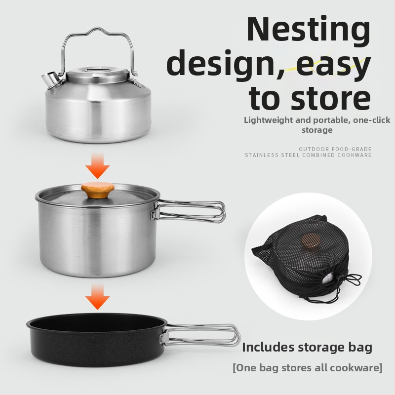 304 nerūdijančio plieno 3 dalių kempingo puodų rinkinys – portabilus, nelipna keptuvė, arbatinukas ir puodas, skirtas 2–3 asmenims