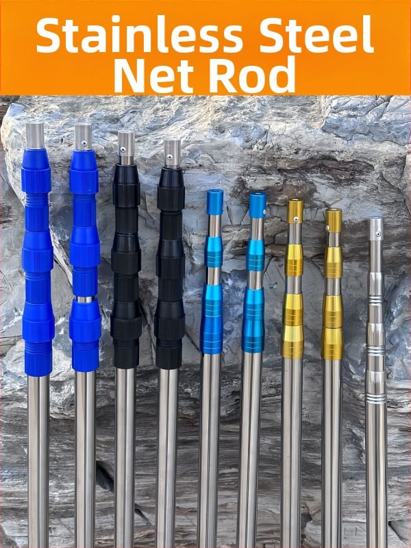 Nerūdijančio plieno teleskopinė tinklinė lazda, išsiplečianti, 2-6 dalys; skirta vaisių skynimui, apšvietimo stendui ir žvejybos tinklui.