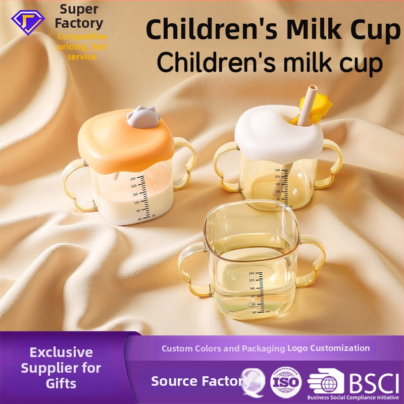 PPSU kūdikių pieno puodelis su skale, vaikiškas vandens puodelis su rankenėle ir šiaudeliu