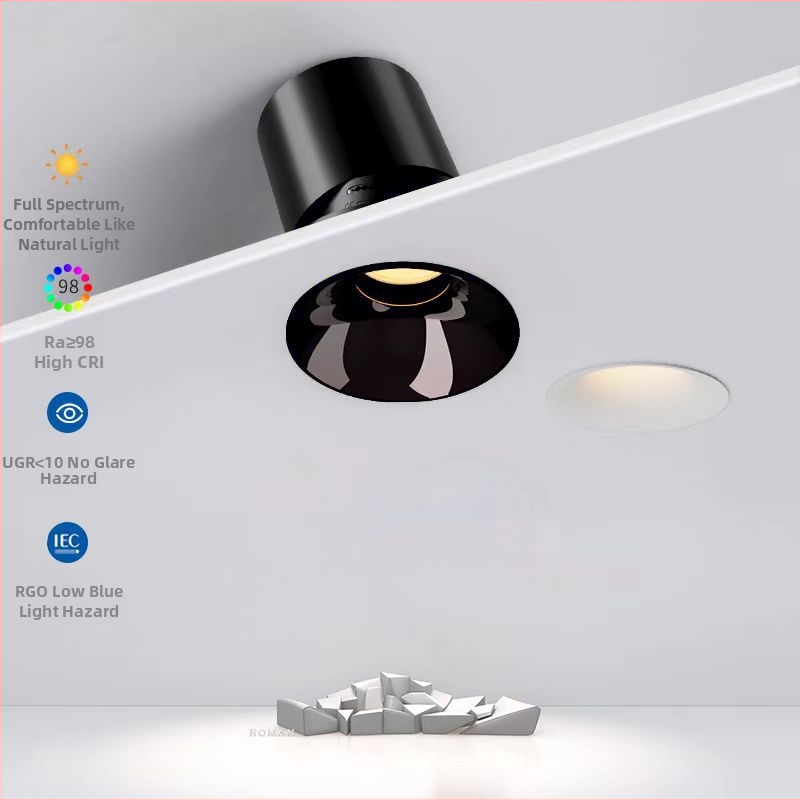 LED įmontuoti spotai su išmaniu dimavimu ir akių apsauga, tinkami svetainei, paslėptas downlight (CRI ≥95, Įtampa ≤36V, COB šviesos šaltinis, mygtukinis jungiklis, aliuminio korpusas)